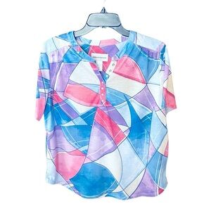 Alfred Dunner short sleeve Henley geometric snap top MED blue purple